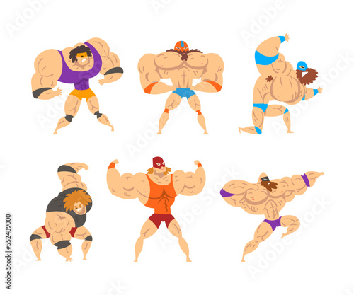 Muscular Wrestler Posing and Striking Engaged in Mixed Martial Arts Fighting Vector Set