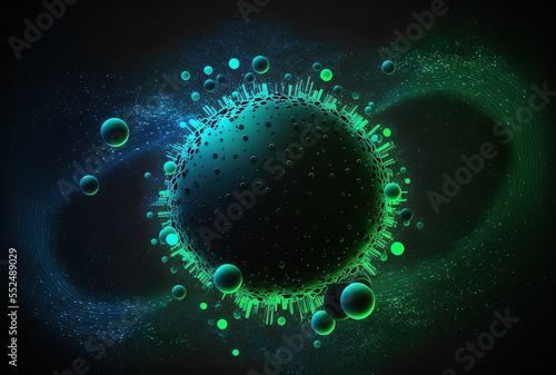 Green and blue neon black vj background with futuristic space particles and a space spherical vfx design element. Generative AI