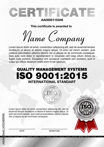 Certificate template with line pattern and silver emblem, ISO 9001 certified, Vector illustration. Certificate template.