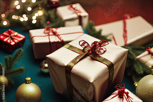 photography of a wrapped present box with twine of twine on top of it next to a christmas tree and a lite garland - AI Generated