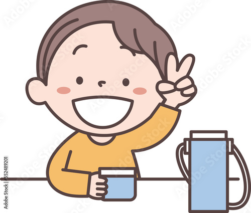 水筒で飲み物を飲んで休憩をしている男の子がピースをしているイラスト素材