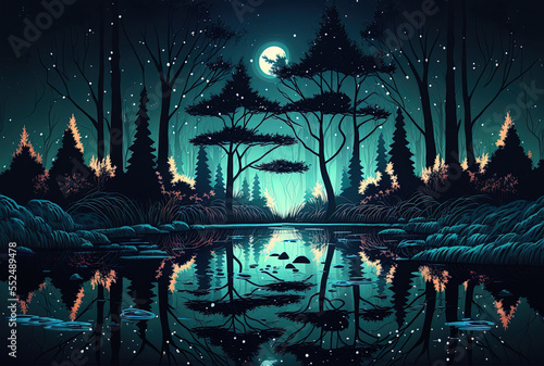 magical sci fi woodland, a dark forest river, and a reflection of the night sky in the water throughout the night. Generative AI © 2rogan
