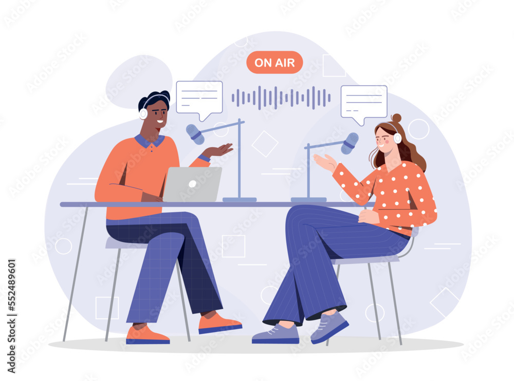 Podcast recording concept. Man and woman with laptops at microphones create intersting content. Radio show hosts, popular personalities. Poster or banner for website. Cartoon flat vector illustration