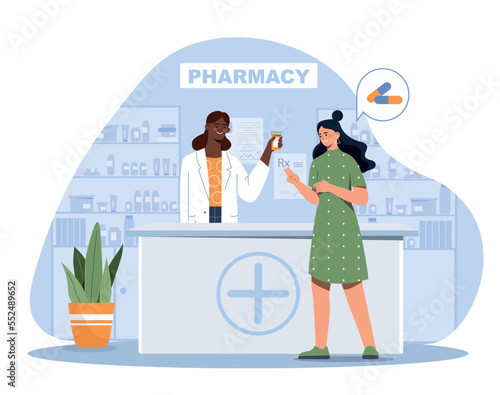 Woman at pharmacy. Young girl buys pills and medicines prescribed by doctor. Medical poster or banner for website. Health care and treatment. Biology and chemistry. Cartoon flat vector illustration