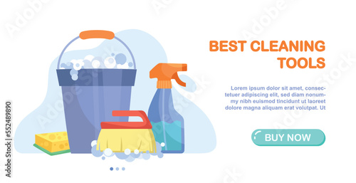 Cleaning landing page. Technical support and programming, website setup. Modern technologies and digital world. Cleanliness and hygiene. Poster or banner for website. Cartoon flat vector illustration