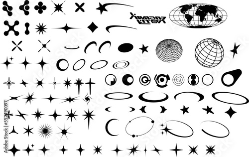 Vector Graphic Assets Set. Bold modern Shapes for Posters Template, flyers, clothes, social media, graphic design, sticker, In Y2k style, Futuristic, Anti-design, Digital Collage, Retro Futurist.