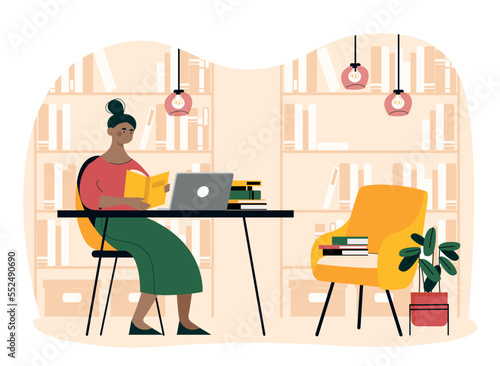 Woman in library. Young girl sitting at laptop against backdrop of bookcases. Love for reading and literature. Student doing homework, preparing for test or exam. Cartoon flat vector illustration