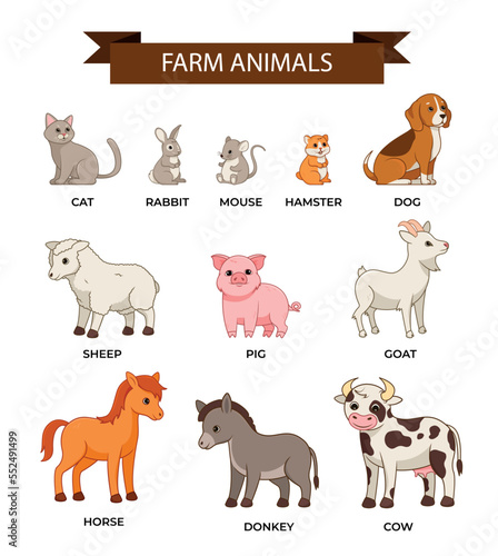Farm animals set. Infographics and graphic elements for website. Cow, horse, pig, goat and sheep. Educational material for children. Cartoon flat vector illustrations isolated on white background