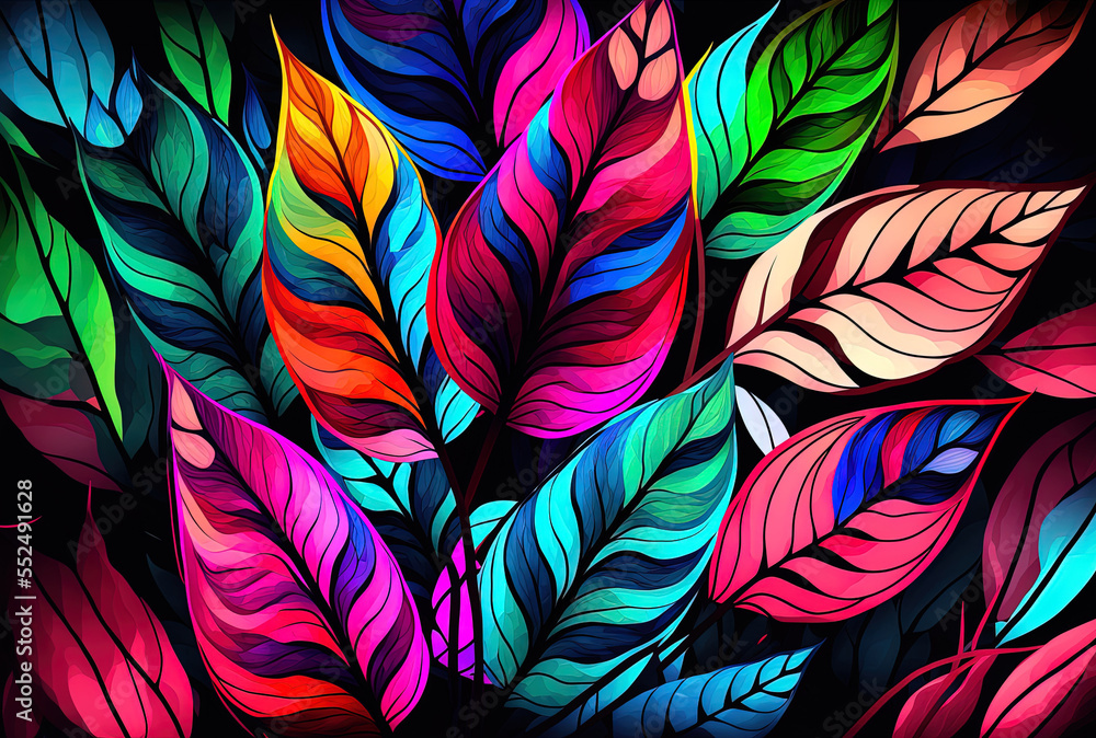 colorful abstract leaves Modern art backdrop with glowing red, green, pink, and blue colors. Generative AI