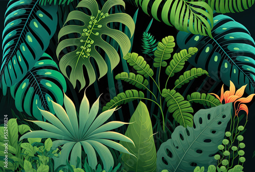 Background with tropical green foliage. Generative AI