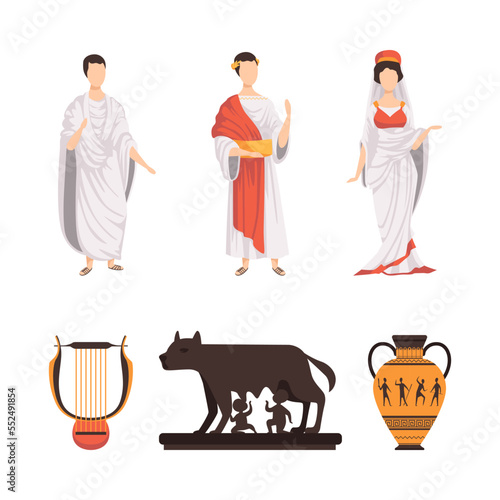 Ancient Greek Man and Woman with Harp, Vase and Capitoline Wolf Sculpture Vector Set