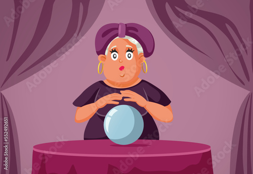 Funny Cartoon Fortune Teller with Magic Crystal Ball. Mysterious clairvoyant lady making prophecies by gazing at her magical ball
