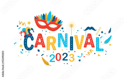 Carnaval 2023 cocept. Greeting and invitation postcard. Holiday, culture and tradition. Bright mask of feathers on background of confetti, brazilian festival. Cartoon flat vector illustration