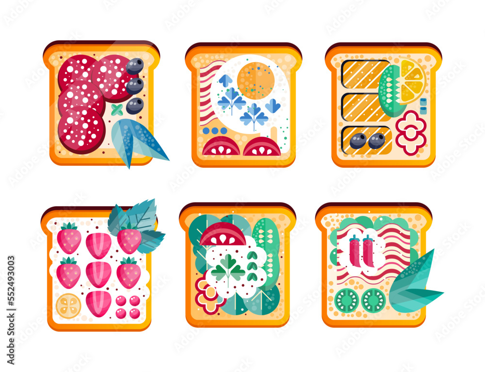 Sandwich or Toast with Different Ingredients as Breakfast or Lunch Top View Vector Set