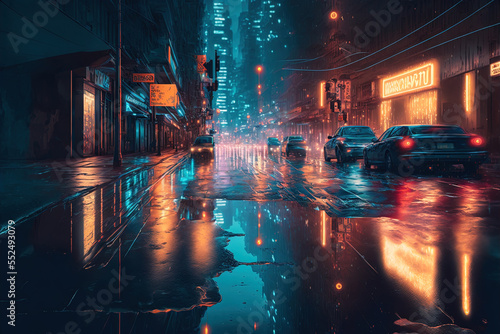 Megacity illuminated by the reflected glow of streetlights and neon signs Generative AI