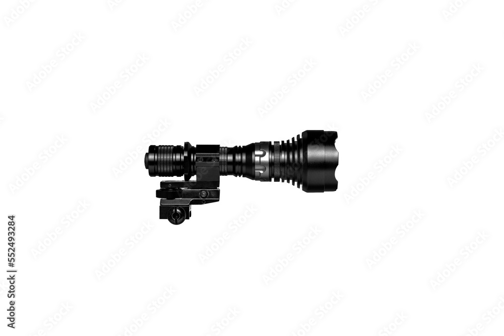 Modern LED flashlight with weapon mount. Underbarrel tactical flashlight isolate on white back. Modern LED flashlight with weapon mount. Underbarrel tactical flashlight isolate on white back.