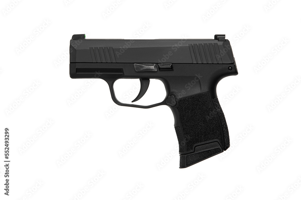 Modern semi-automatic pistol. A short-barreled weapon for self-defense. Arming the police, special units and the army. Isolate on a white back Modern semi-automatic pistol. A short-barreled weapon for self-defense. Arming the police, special units and the army. Isolate on a white back