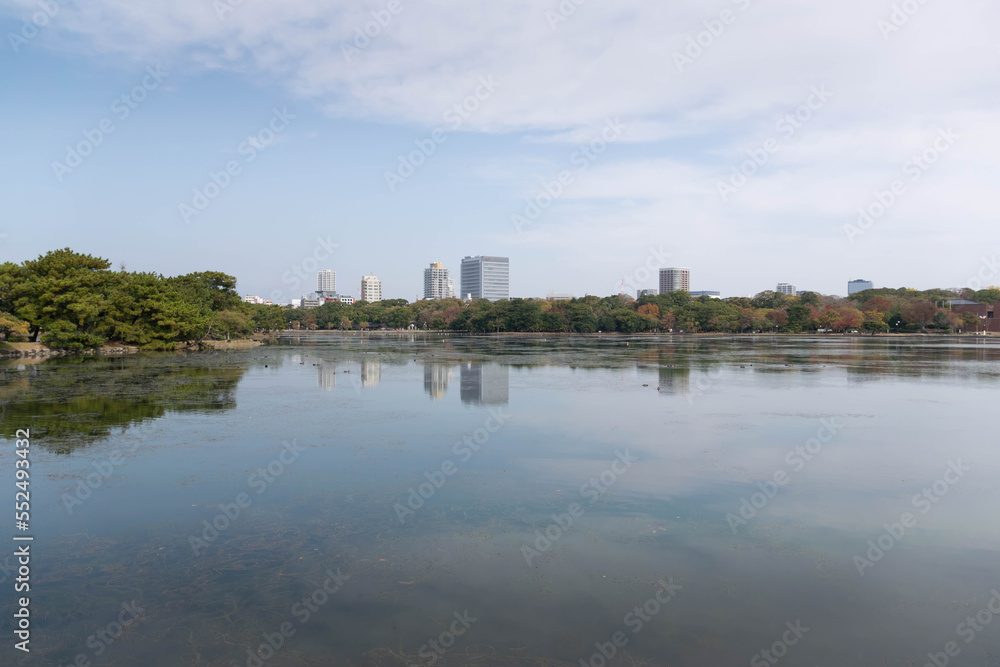 view of city town skyline over the pond lake natural view under daytime in japan, big city with natural lake public