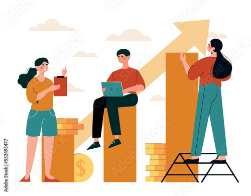 Business team growing. Man and woman sitting on posts against background of upward arrow. Increase in income and development of company. Partners and colleagues. Cartoon flat vector illustration