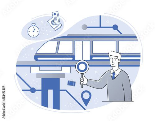Train conductor concept. Man regulates movement on rails. Travel and technology service. Poster or banner for website. Worker in uniform at railway with sign. Cartoon flat vector illustration