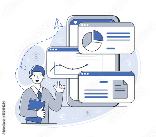 Offshore specialist concept. Young guy on background of graphs, diagraams and charts. Money transfers and transactions. Financial literacy and tax avoidance metaphor. Cartoon flat vector illustration