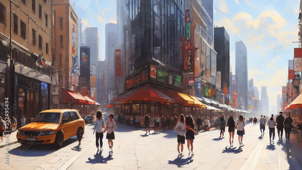 Obraz premium Vibrant, bustling city street with shops, restaurants, and people