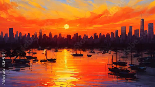 Stunning, vibrant sunset over a city skyline with twinkling lights