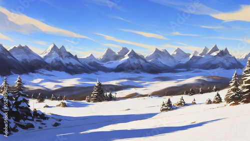 Majestic, snow-capped mountain range with a tranquil blue sky