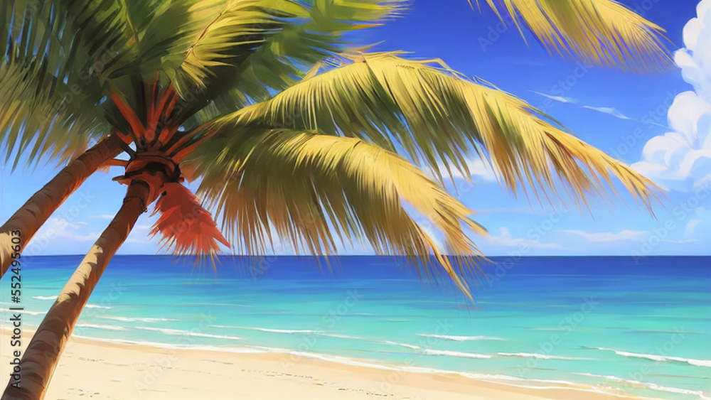 Fototapeta premium Relaxing, sandy beach with crystal-clear waters and palm trees
