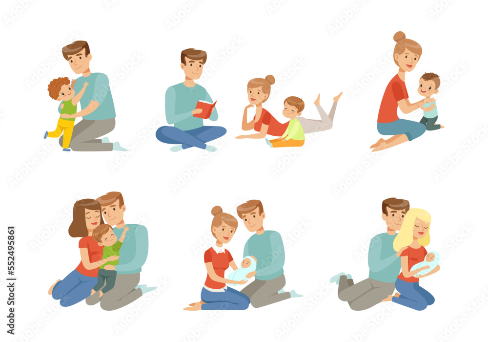 Parents with Their Children Spending Good Time Together Reading Book and Embracing Vector Set