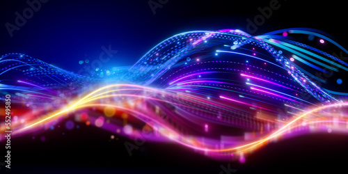 3d render. Abstract futuristic background with blurry glowing wave and neon lines. Spiritual energy concept, digital fantastic wallpaper with