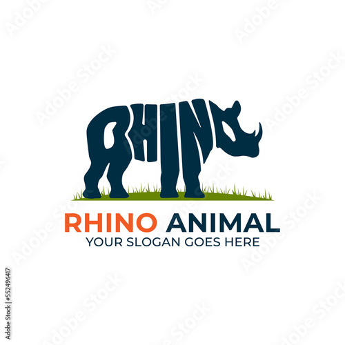 Rhinoceros animal logo design vector, logo with Warp Text Into the Shape of a rhino animal illustration