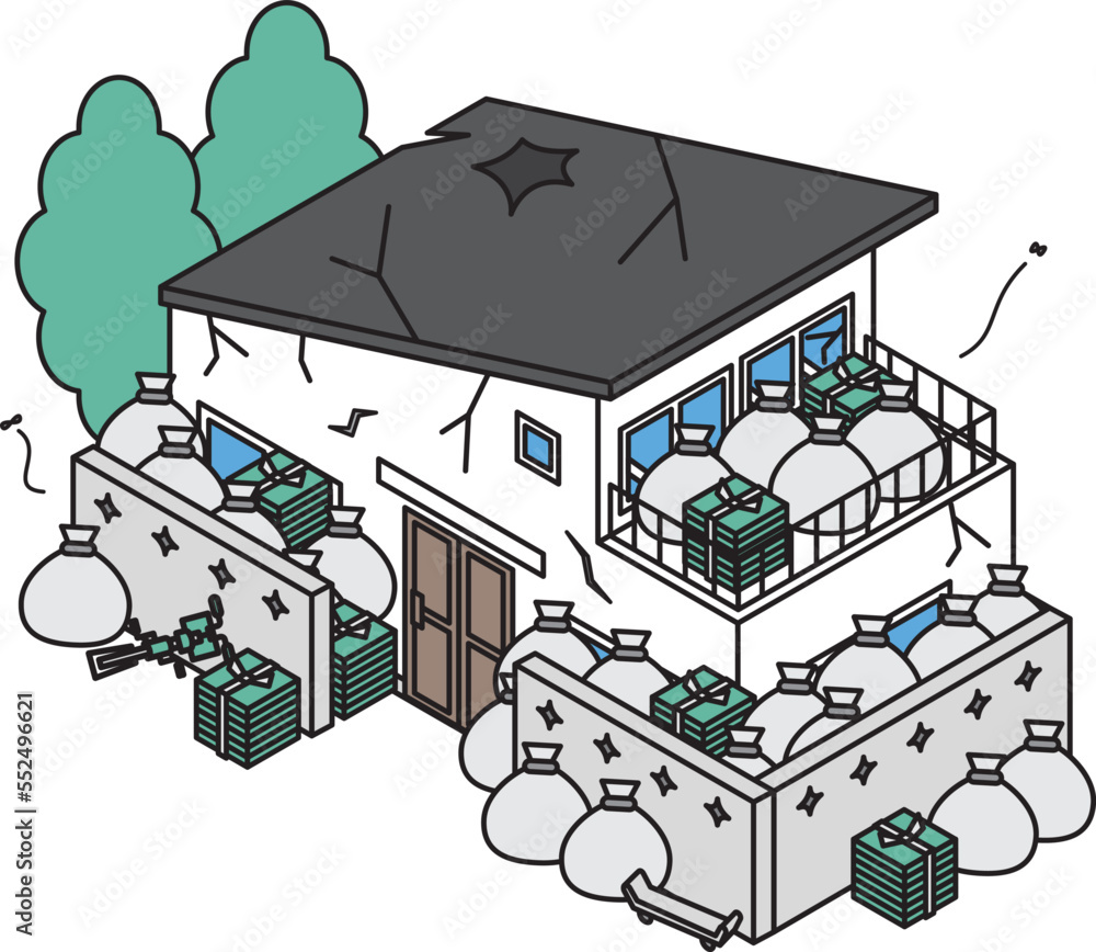 Fototapeta premium 近隣に迷惑な放置されたゴミ屋敷のアイソメイラスト