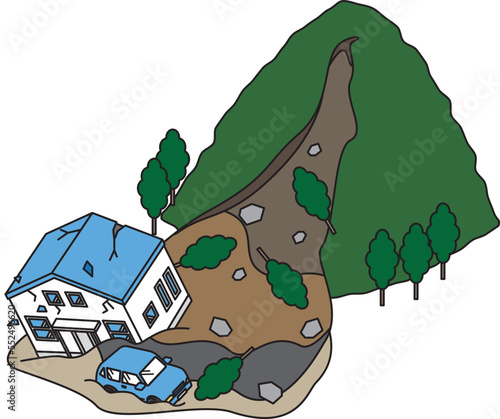 近隣の山の土砂崩れの被害にあう住宅のアイソメイラスト