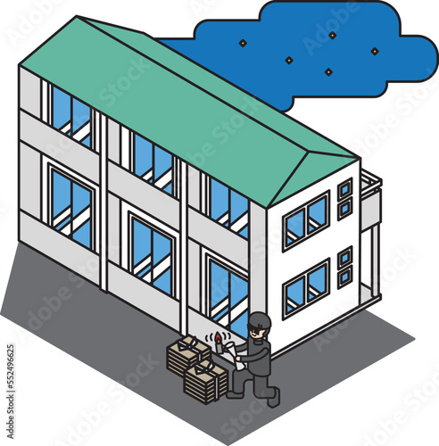 放火をしようとしている不審者と住宅のアイソメイラスト