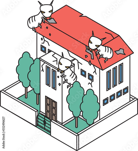 シロアリの被害にあう住宅のアイソメイラスト