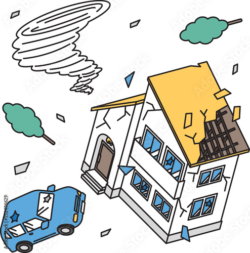 竜巻の被害を受ける住宅と車のアイソメイラスト