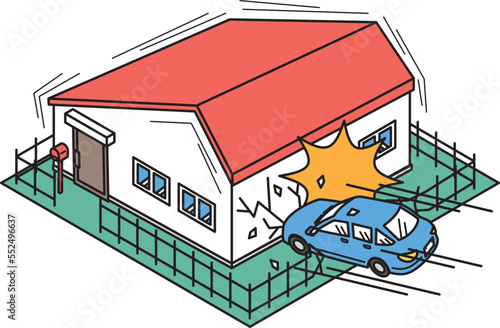 自動車が衝突して被害を受ける住宅のアイソメイラスト