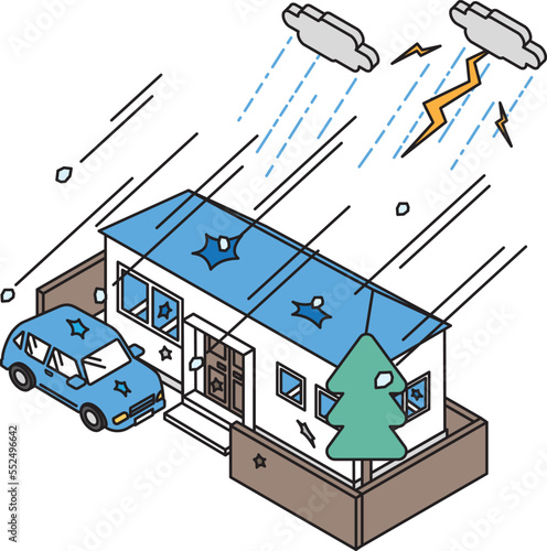 大粒の雹の被害を受ける住宅のアイソメイラスト