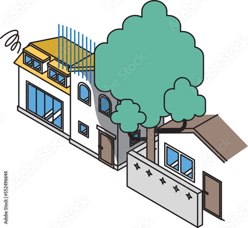隣の家の樹木がはみ出し日陰になってしまった住宅のアイソメイラスト
