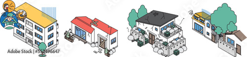 身近に潜む近隣トラブルとシンプルな住宅のアイソメイラスト