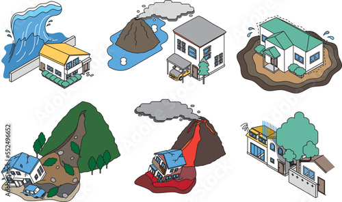 立地条件による災害リスク、トラブルとシンプルな住宅のアイソメイラスト