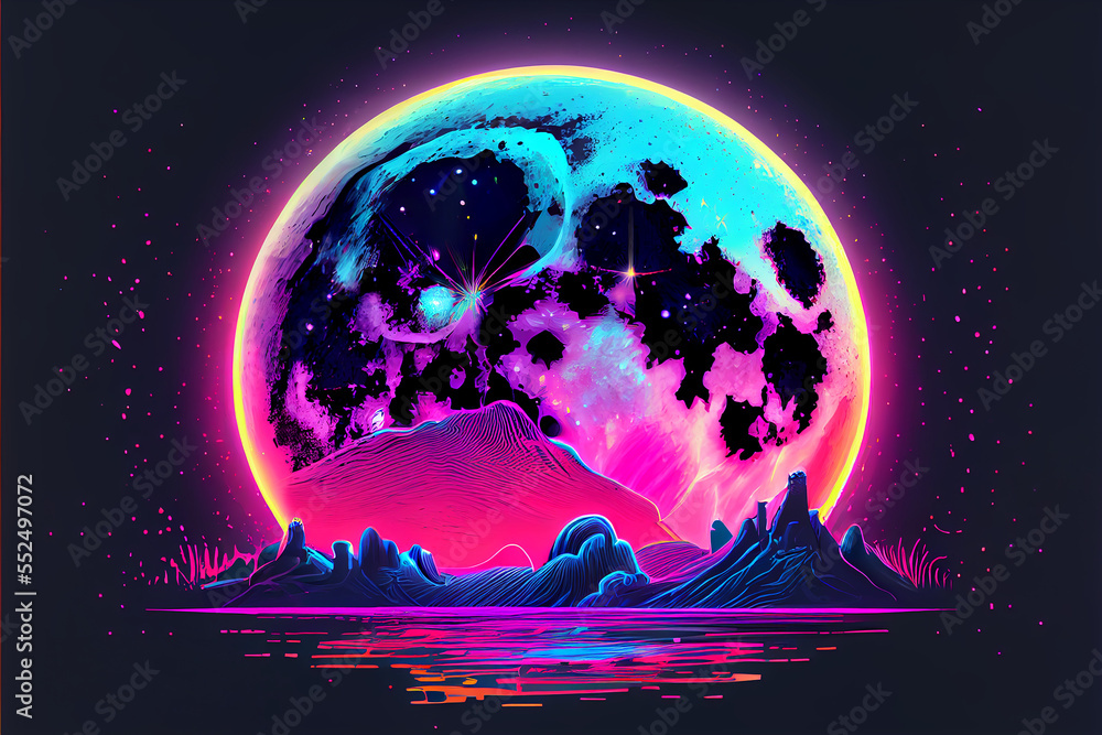Naklejka premium Super Moon Colorful Mountains - AI Art