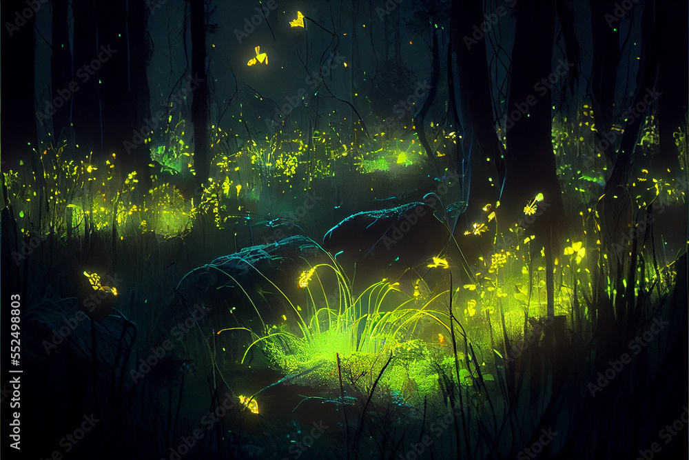 Fireflies in Tall Grass Neon Landscape - AI Art