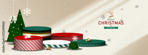 Christmas circle base. Podium empty for product display, advertising, show, and award in Christmas and New year festive. Platform studio. Vector illustration.