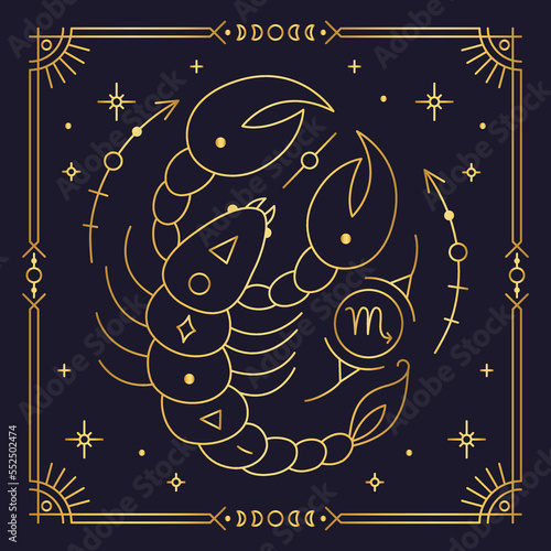 Scorpio zodiac astrological horoscope golden sign dark navy card. Stylized Scorpion symbol of esoteric, zodiacal astrological calendar, horoscope constellation thin line vector illustration