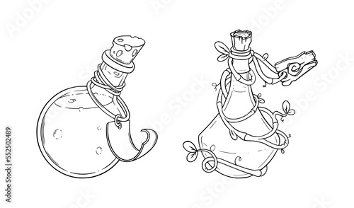 Closed apothecary bottles with poison and potion. Glass bottle and vial with a label for games. Vector illustration isolated in white background