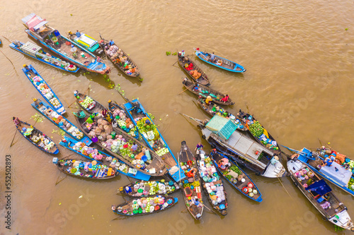 Aerial view from above Phong Dien floating market on Tet holiday full of fruit and agricultural products