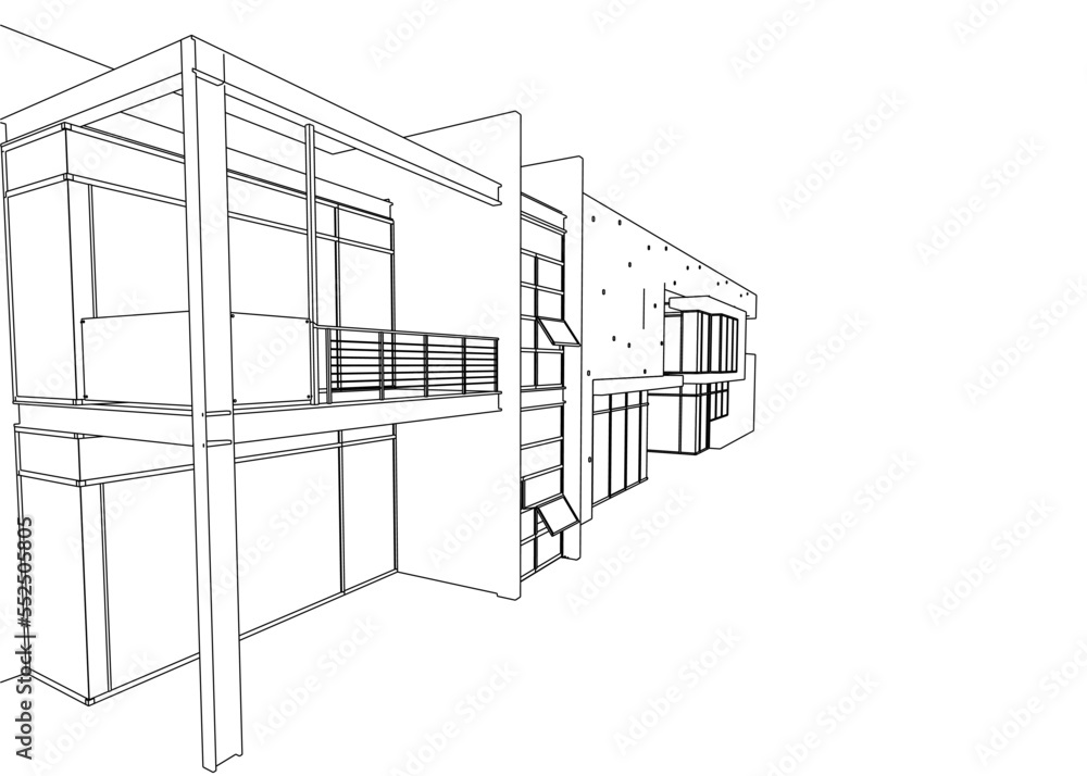 Outline of a luxury two-story cottage from black lines isolated on a white background. Perspective view. 3D. Vector illustration.
