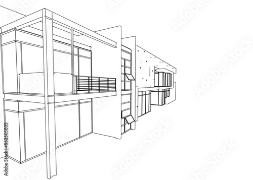 Outline of a luxury two-story cottage from black lines isolated on a white background. Perspective view. 3D. Vector illustration.